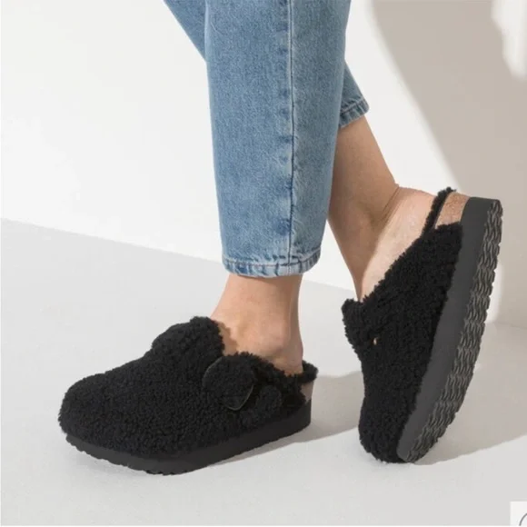 Birkenstock Boston Sherling Real Fur Black Clogs Women Size 7 - Picture 1 of 11